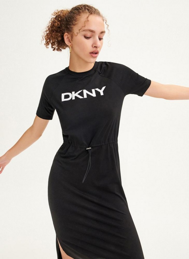 Black Women's DKNY Logo Drawstring Waist Dresses | Australia-D1368