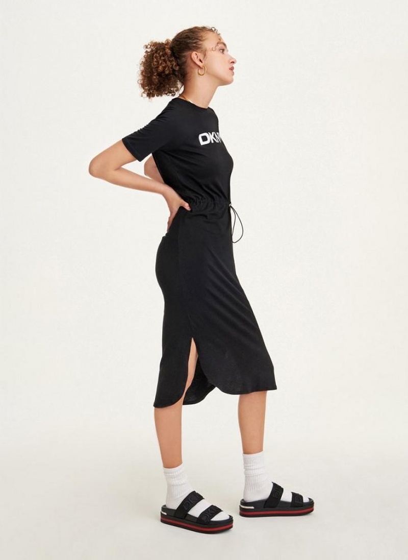 Black Women's DKNY Logo Drawstring Waist Dresses | Australia-D1368