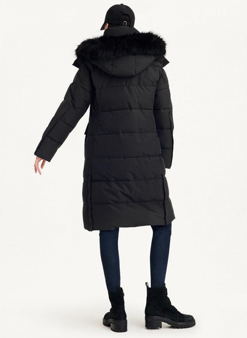 Black Women's DKNY Long Puffer With Faux Fur Hood Coats | Australia-D0373