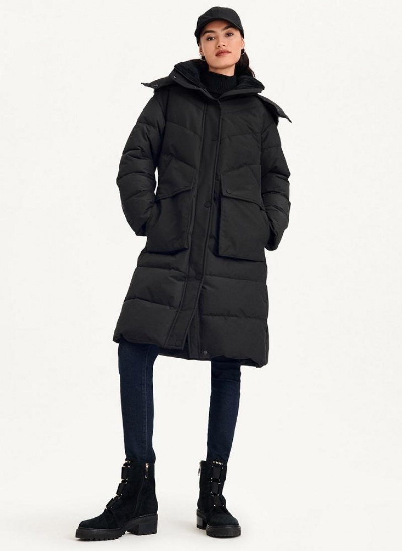 Black Women's DKNY Long Puffer With Faux Fur Hood Coats | Australia-D0373