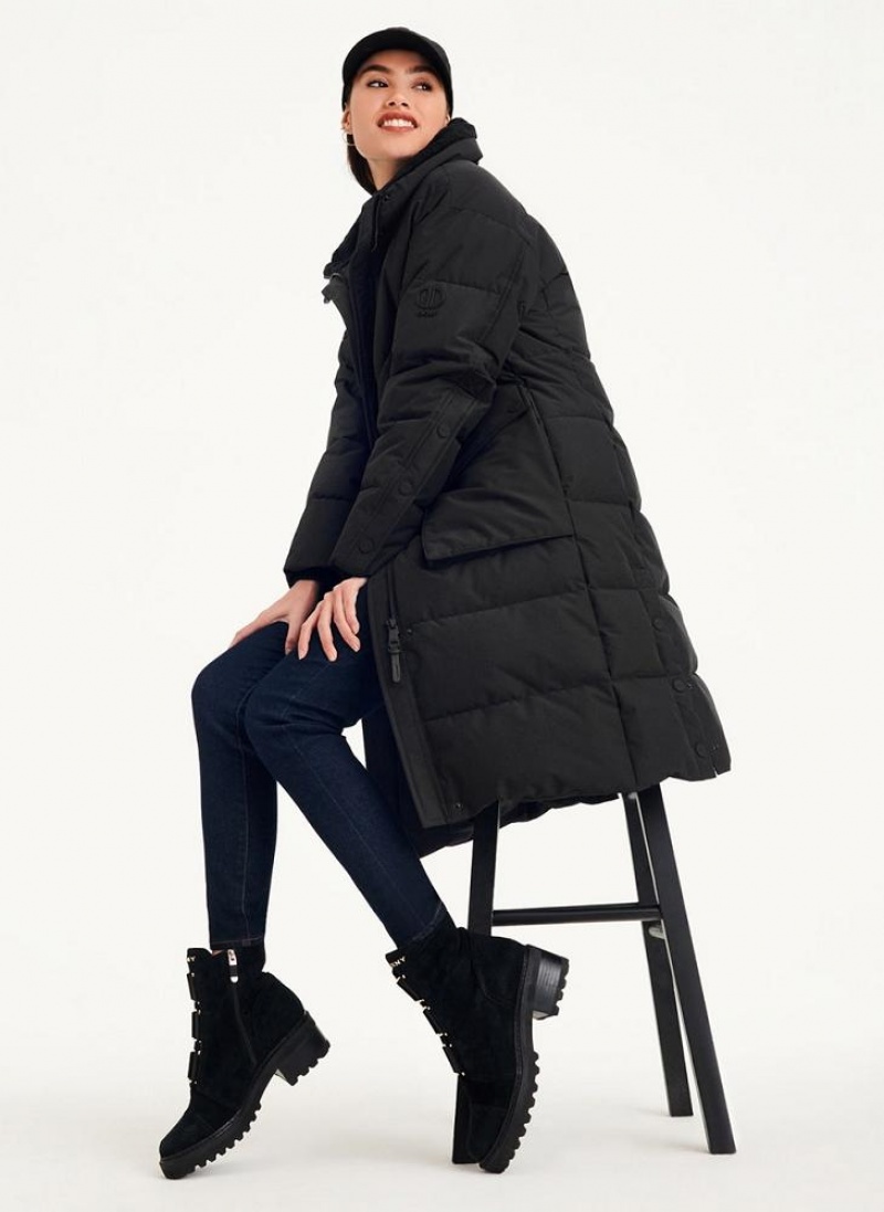 Black Women's DKNY Long Puffer With Faux Fur Hood Coats | Australia-D0373