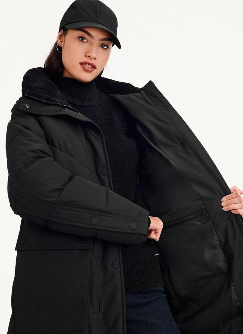 Black Women's DKNY Long Puffer With Faux Fur Hood Coats | Australia-D0373