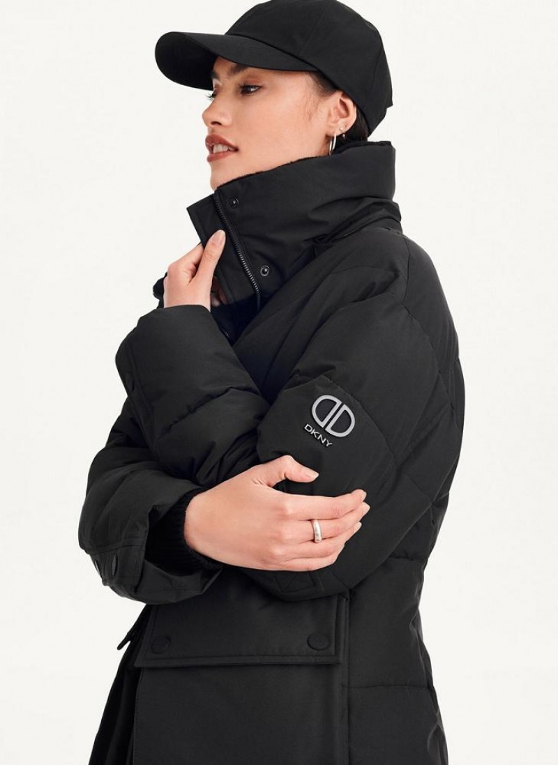 Black Women's DKNY Long Puffer With Faux Fur Hood Coats | Australia-D0373