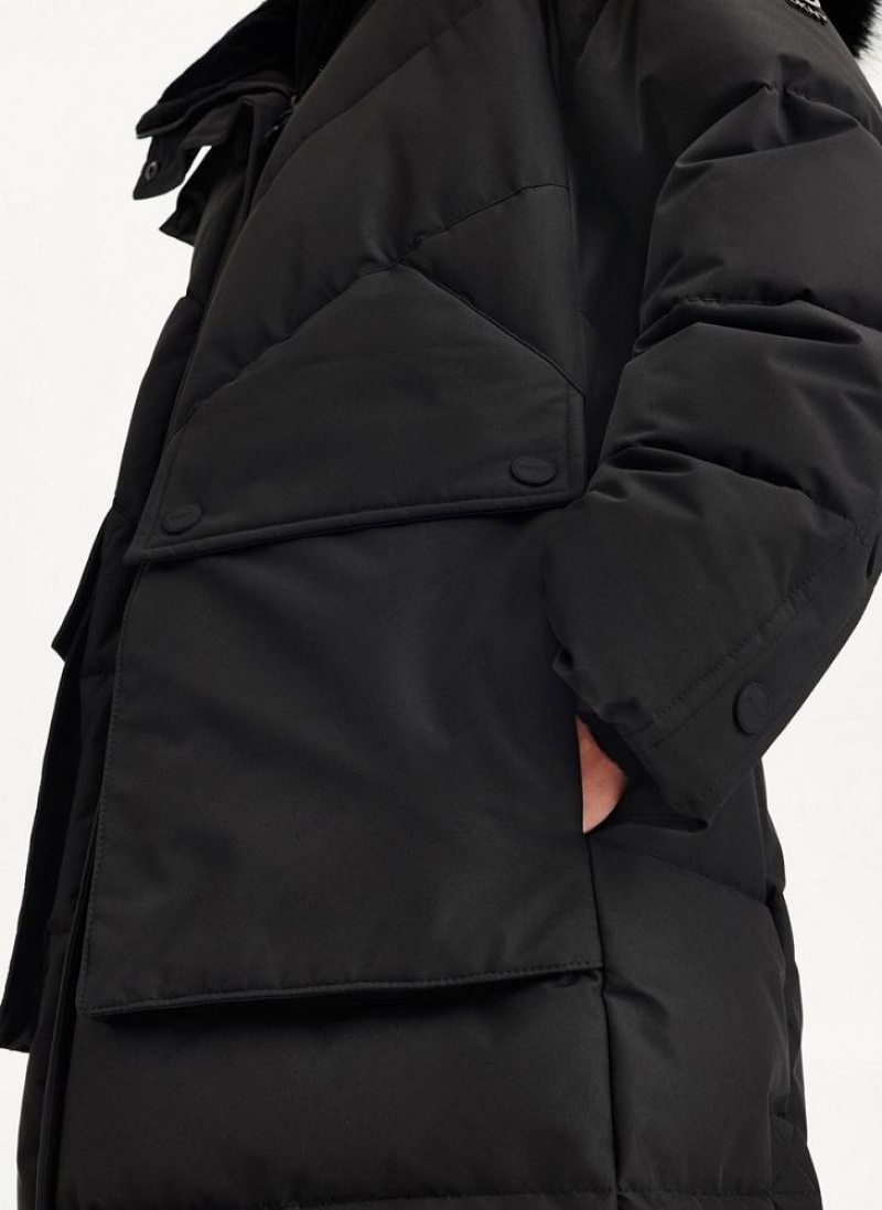 Black Women's DKNY Long Puffer With Faux Fur Hood Coats | Australia-D0373