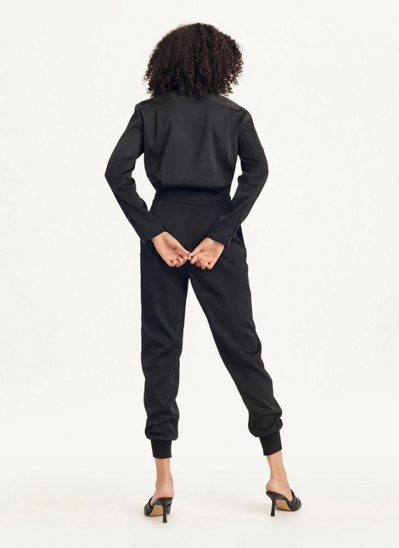 Black Women's DKNY Long Sleeve Button Front With Lapel Jumpsuits | Australia-D1421
