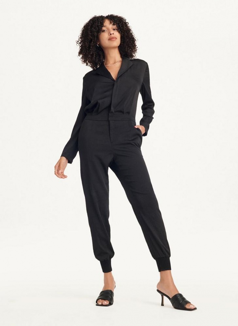 Black Women's DKNY Long Sleeve Button Front With Lapel Jumpsuits | Australia-D1421