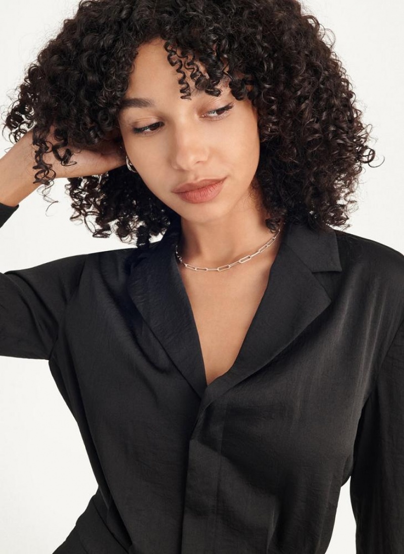 Black Women's DKNY Long Sleeve Button Front With Lapel Jumpsuits | Australia-D1421