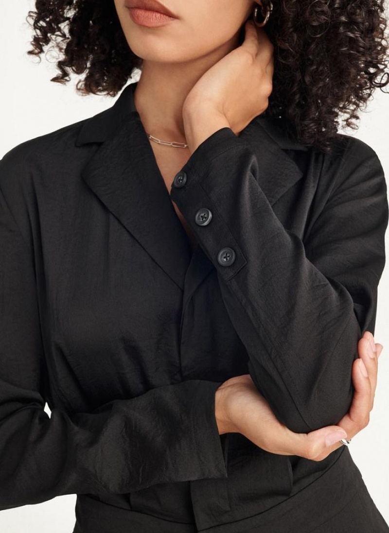 Black Women's DKNY Long Sleeve Button Front With Lapel Jumpsuits | Australia-D1421