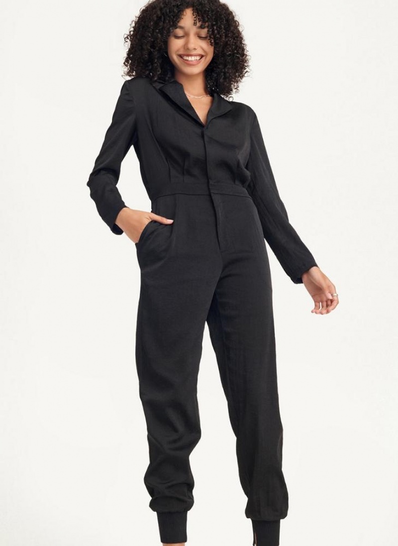 Black Women\'s DKNY Long Sleeve Button Front With Lapel Jumpsuits | Australia-D1421