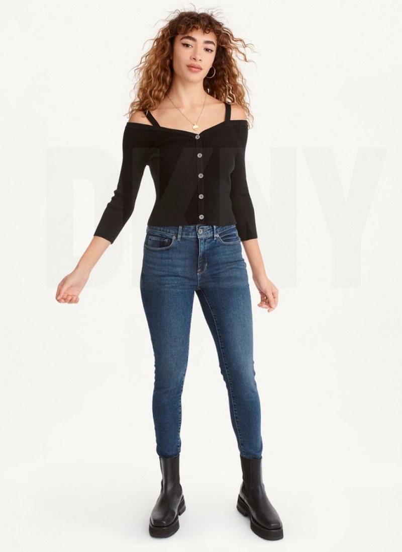 Black Women's DKNY Long Sleeve Cold Shoulder Sweaters | Australia-D1780