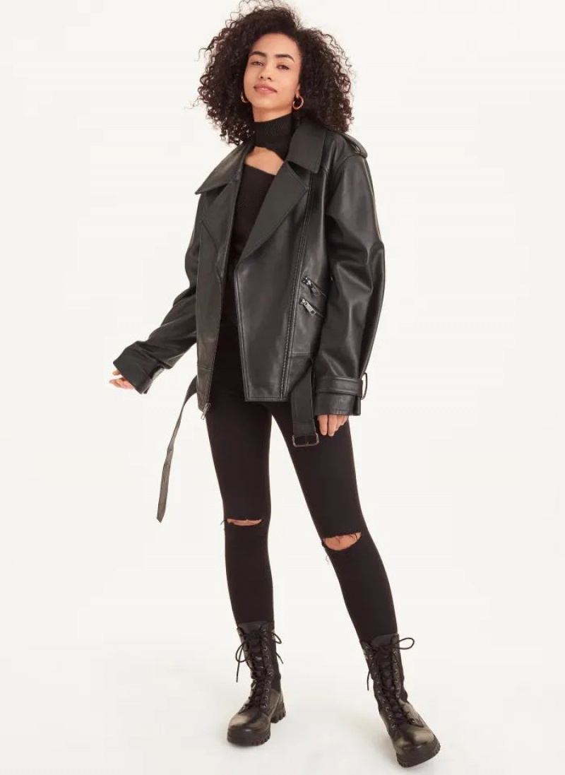 Black Women's DKNY Long Sleeve Oversized Retro Moto Jackets | Australia-D0720