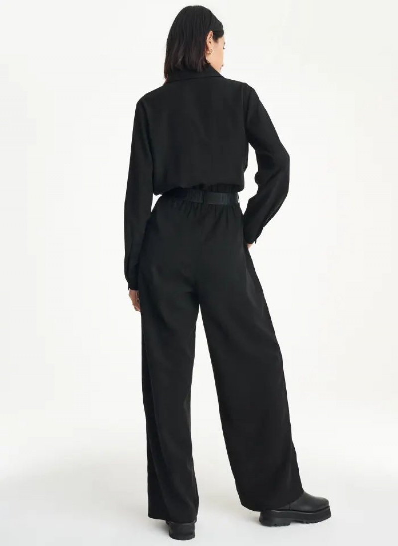 Black Women's DKNY Long Sleeve Roll Sleeve Zip Front Jumpsuits | Australia-D1814