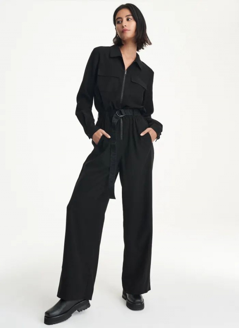Black Women\'s DKNY Long Sleeve Roll Sleeve Zip Front Jumpsuits | Australia-D1814