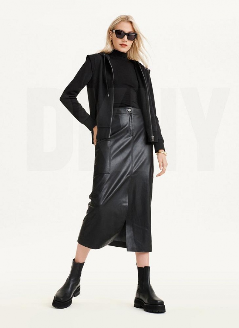 Black Women's DKNY Long Sleeve Zip Up With Flange Shoulder Hoodies | Australia-D0492