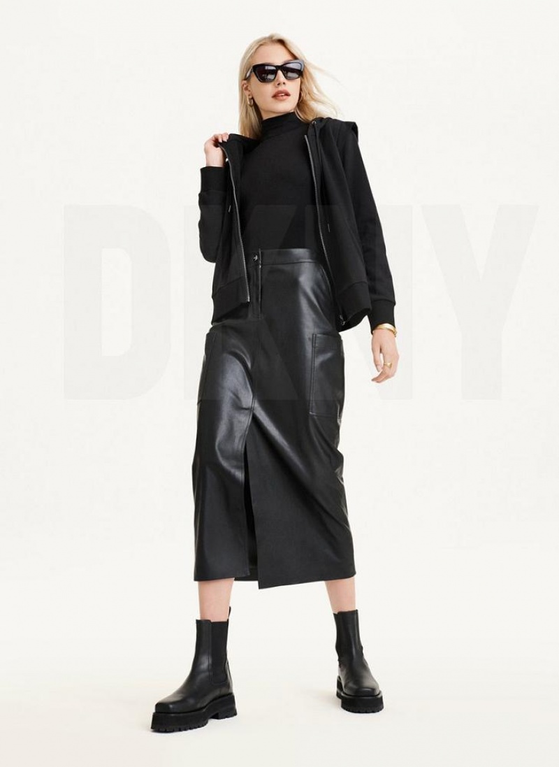 Black Women's DKNY Long Sleeve Zip Up With Flange Shoulder Hoodies | Australia-D0492