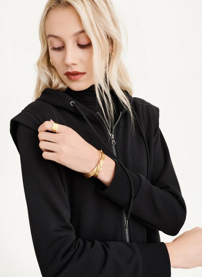 Black Women\'s DKNY Long Sleeve Zip Up With Flange Shoulder Hoodies | Australia-D0492