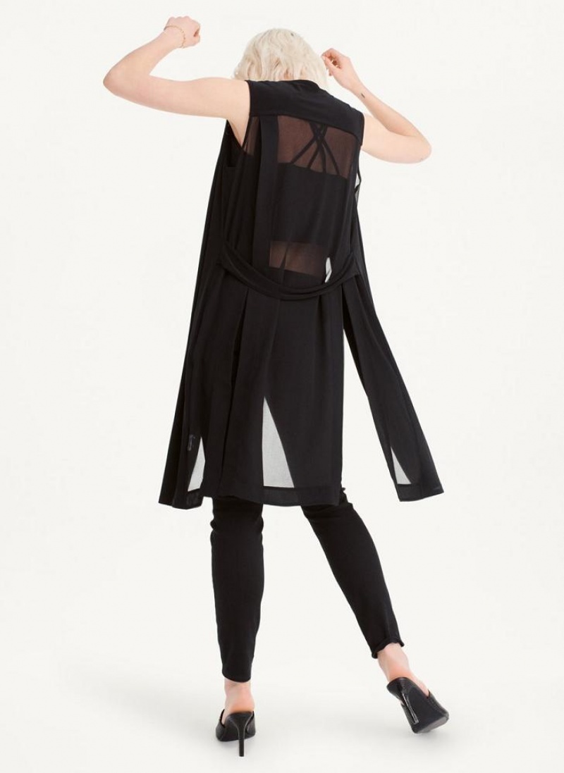 Black Women's DKNY Long Vest With Sheer Back Jackets | Australia-D0316