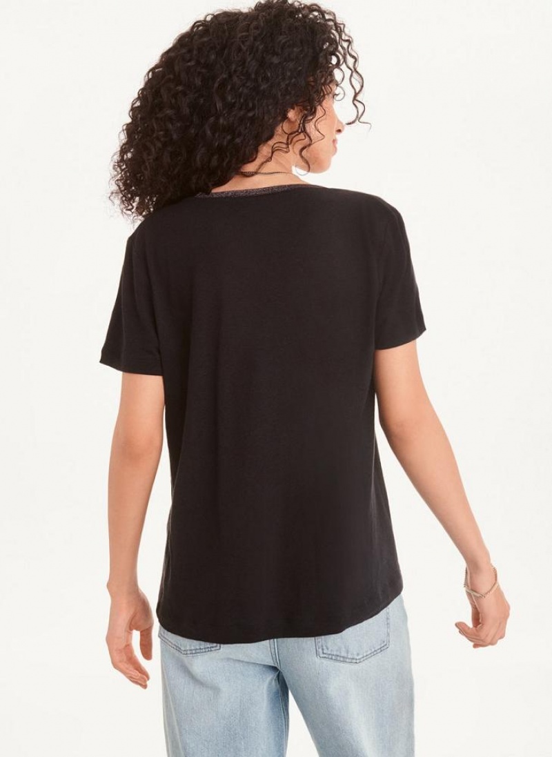 Black Women's DKNY Lurex Trim T Shirts | Australia-D0527