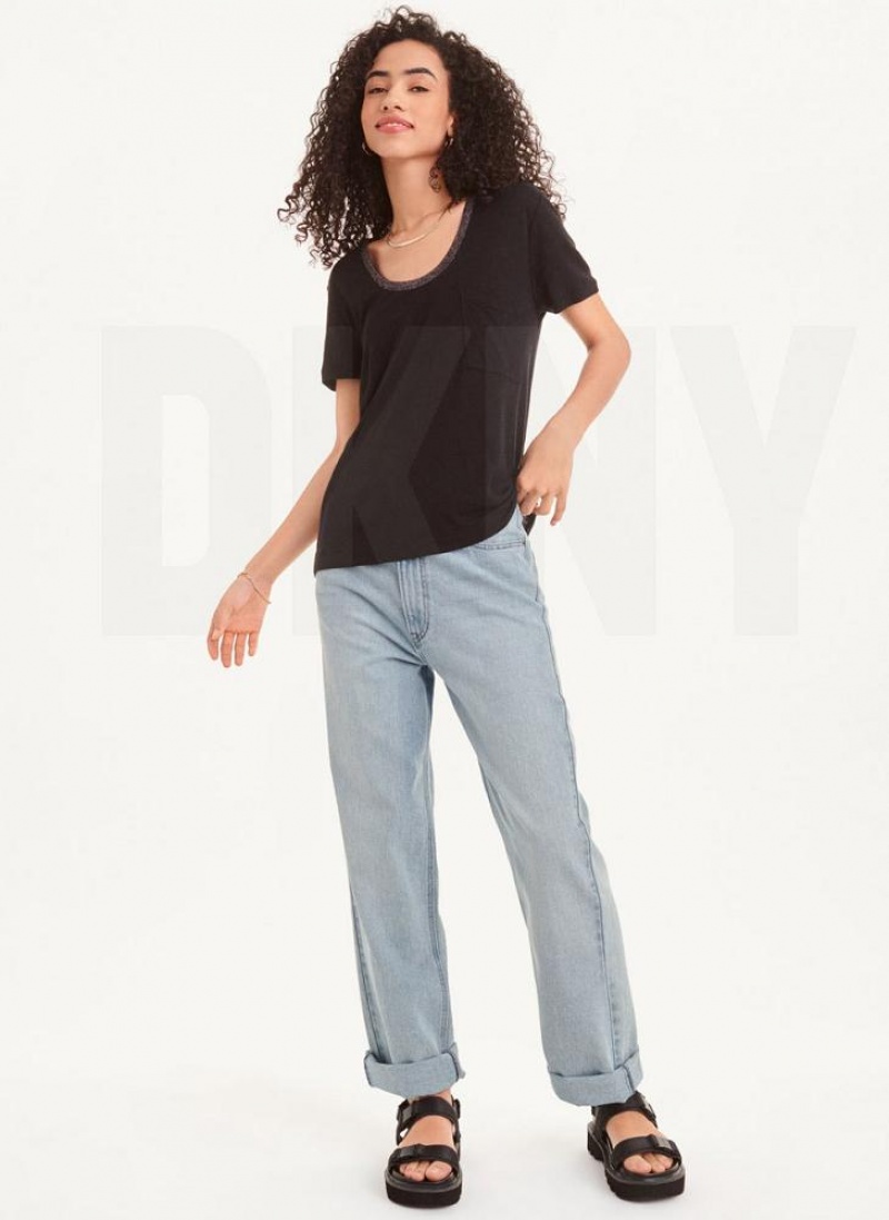 Black Women's DKNY Lurex Trim T Shirts | Australia-D0527