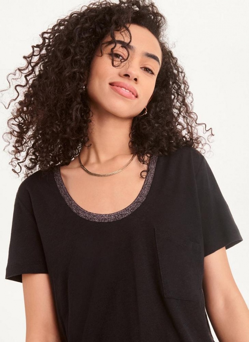 Black Women\'s DKNY Lurex Trim T Shirts | Australia-D0527