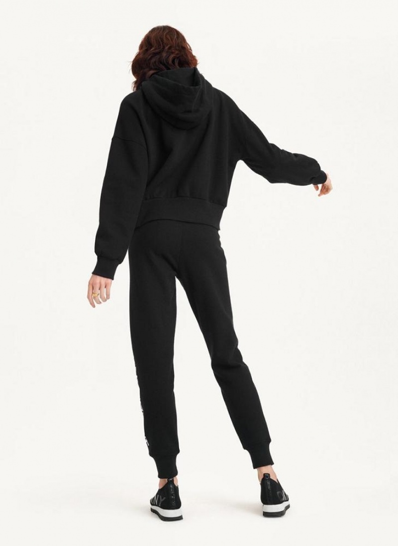 Black Women's DKNY Mixed Distressed Metallic Logo Cropped Hoodies | Australia-D1739