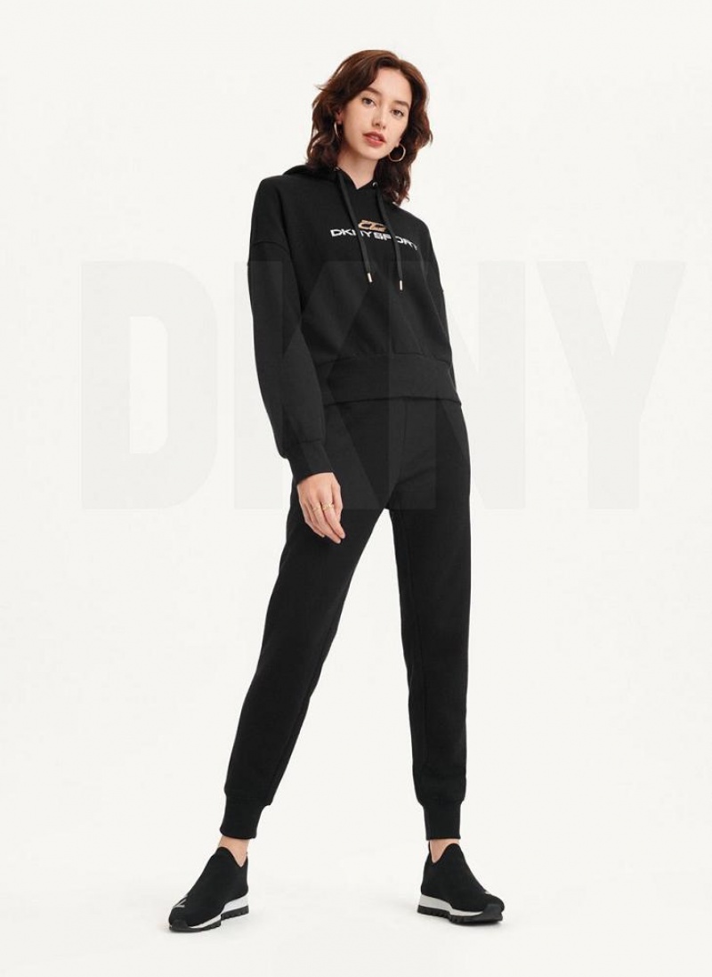 Black Women's DKNY Mixed Distressed Metallic Logo Cropped Hoodies | Australia-D1739