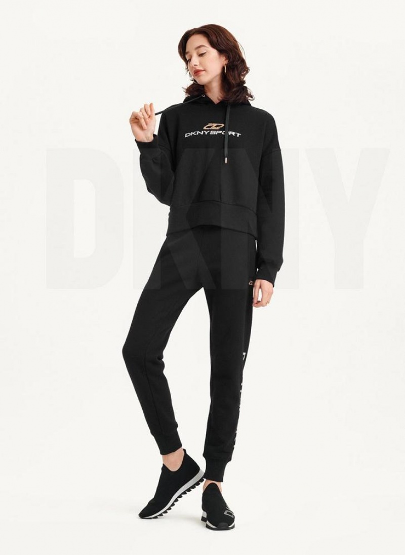 Black Women's DKNY Mixed Distressed Metallic Logo Cropped Hoodies | Australia-D1739