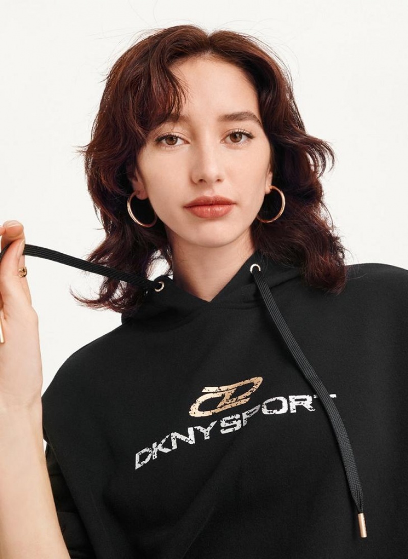 Black Women's DKNY Mixed Distressed Metallic Logo Cropped Hoodies | Australia-D1739