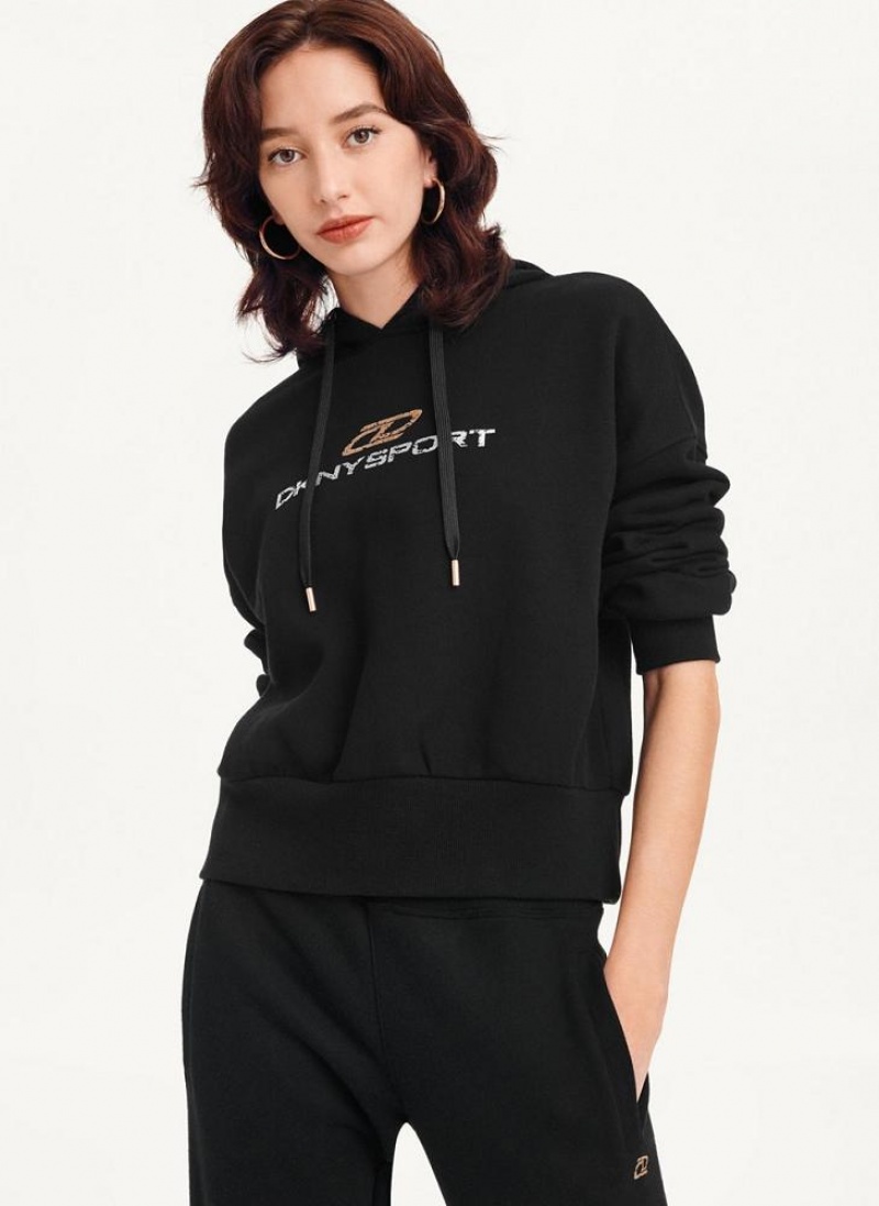 Black Women\'s DKNY Mixed Distressed Metallic Logo Cropped Hoodies | Australia-D1739