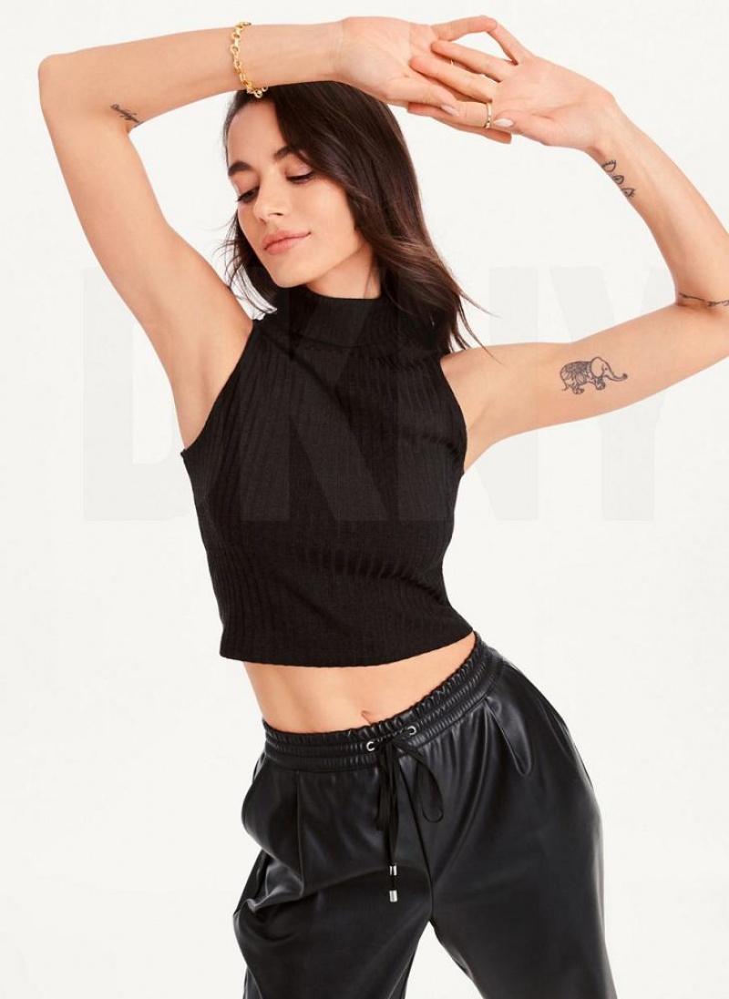 Black Women's DKNY Mock Neck Crop Tank Tops | Australia-D1615