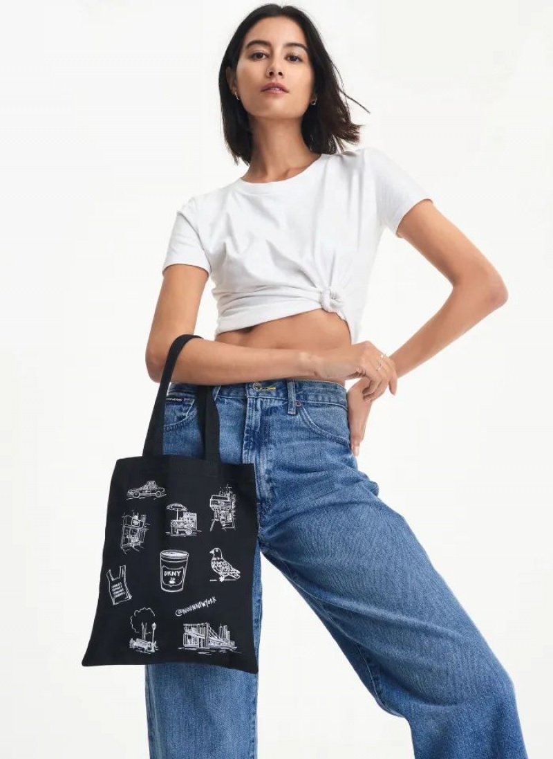 Black Women's DKNY Noun New York Illustrated Tote Bags | Australia-D1736