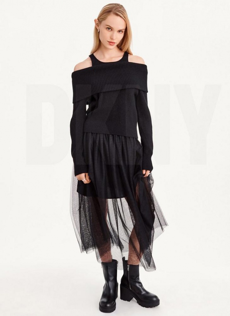 Black Women's DKNY Off Shoulder Tank Sweaters | Australia-D1193