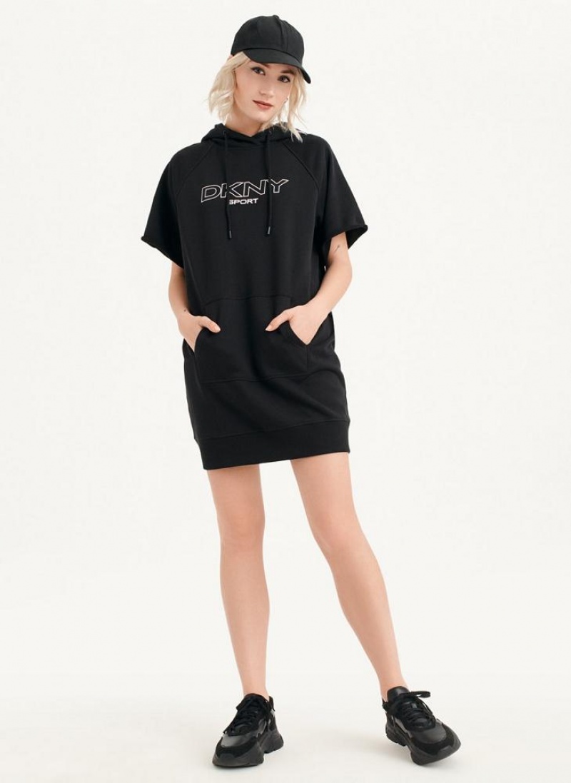 Black Women's DKNY Outline Logo Hooded Sneaker Dresses | Australia-D0594