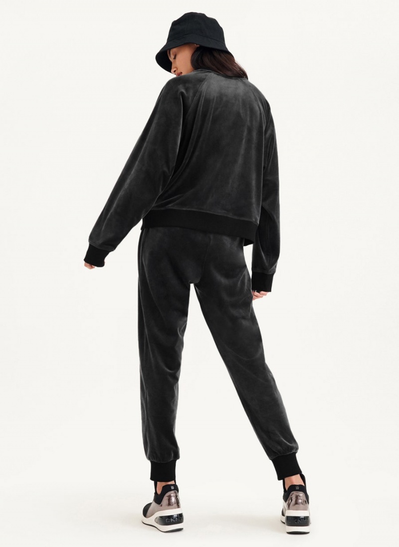 Black Women's DKNY Platinum Velour Pullover Sweatshirts | Australia-D1176