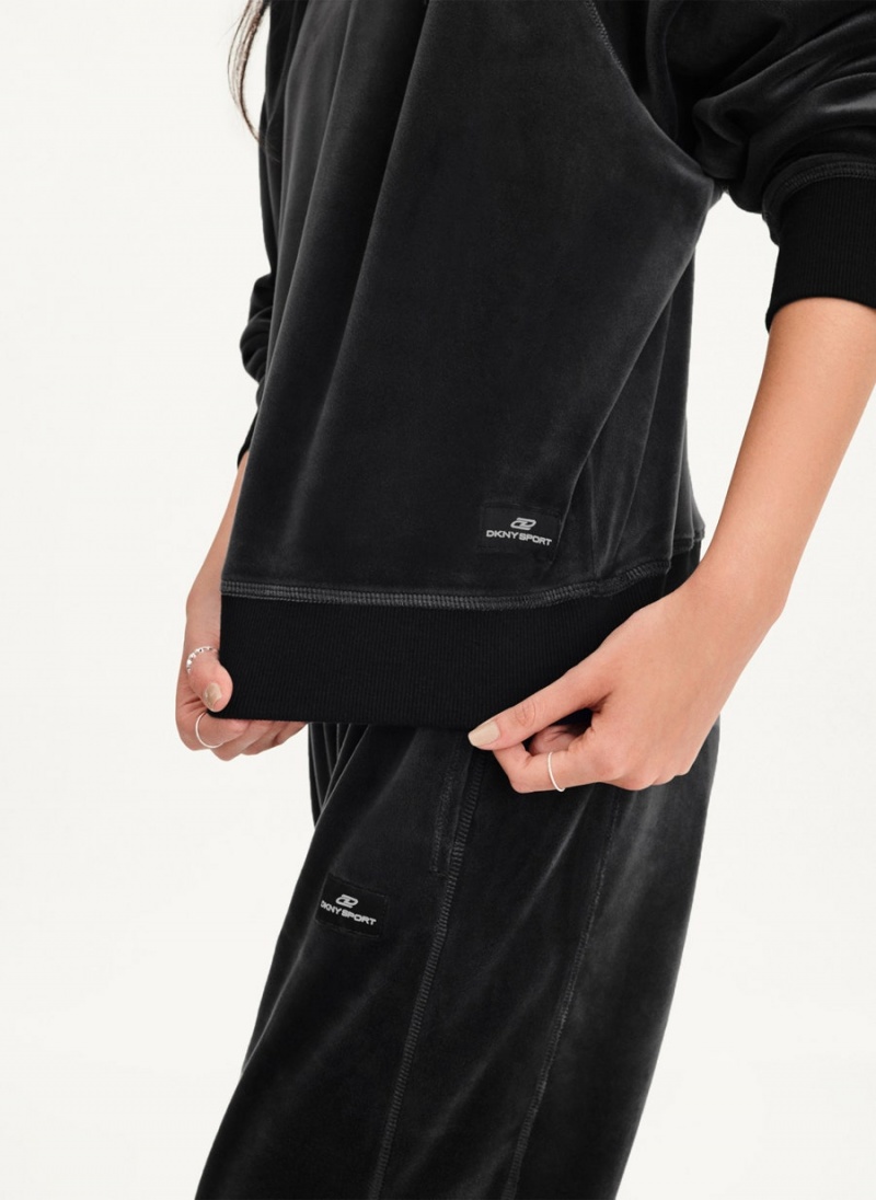 Black Women's DKNY Platinum Velour Pullover Sweatshirts | Australia-D1176