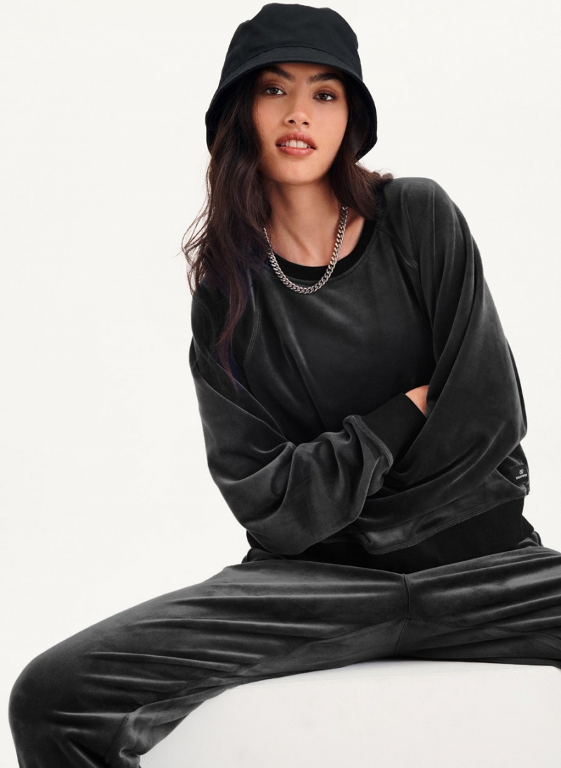 Black Women's DKNY Platinum Velour Pullover Sweatshirts | Australia-D1176