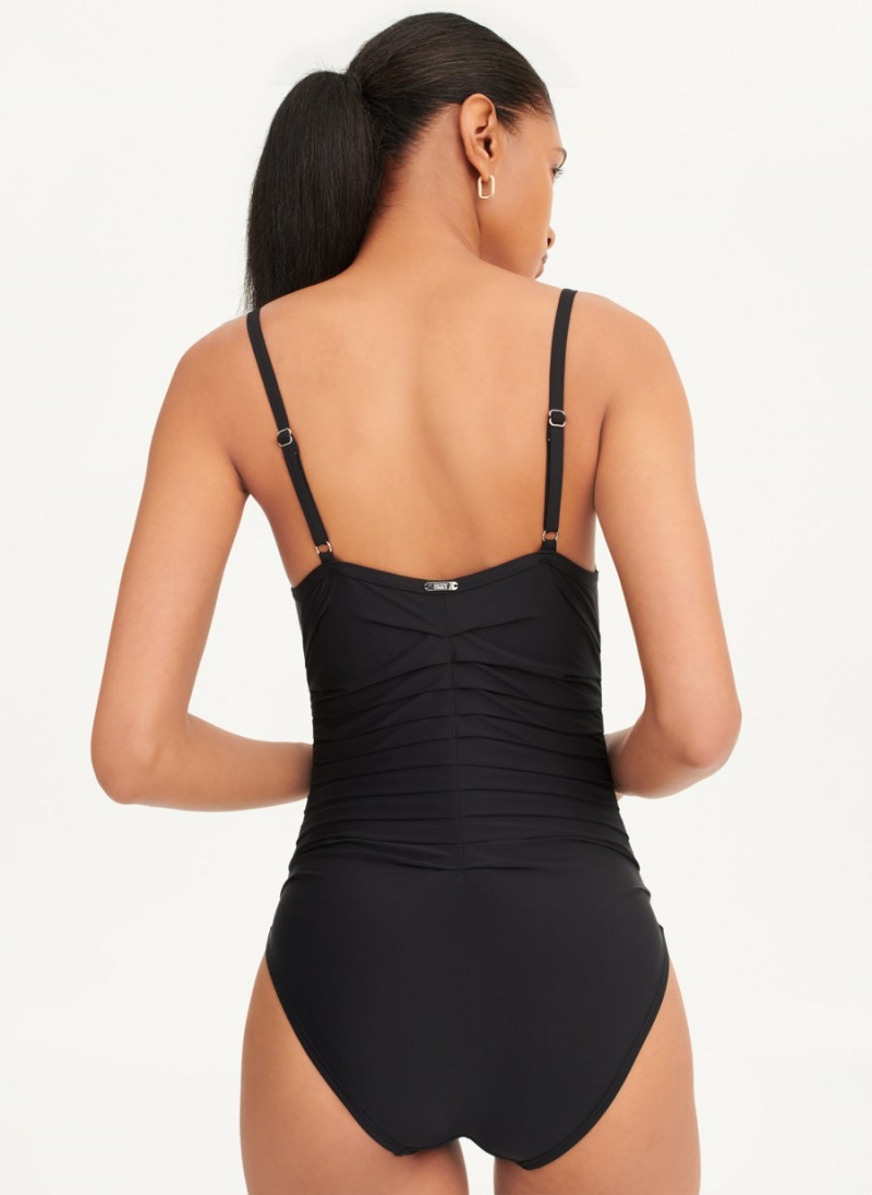 Black Women's DKNY Pleated One Piece Swimsuits | Australia-D0449