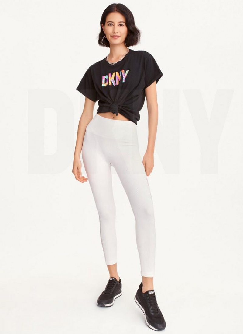 Black Women's DKNY Pride Logo Knot Front T Shirts | Australia-D0612
