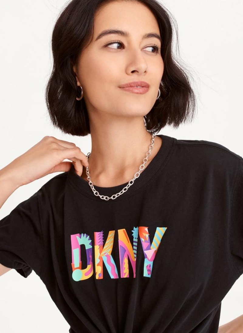 Black Women's DKNY Pride Logo Knot Front T Shirts | Australia-D0612