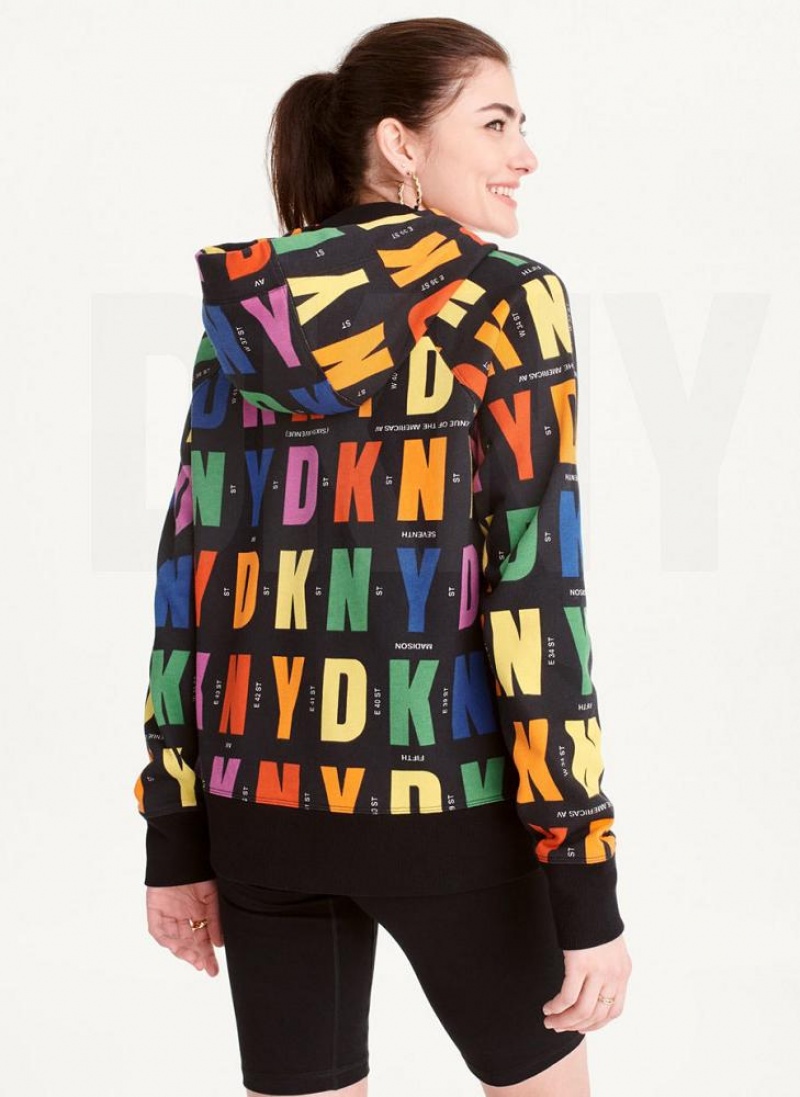 Black Women's DKNY Pride Logo Zip Front Hoodies | Australia-D1335