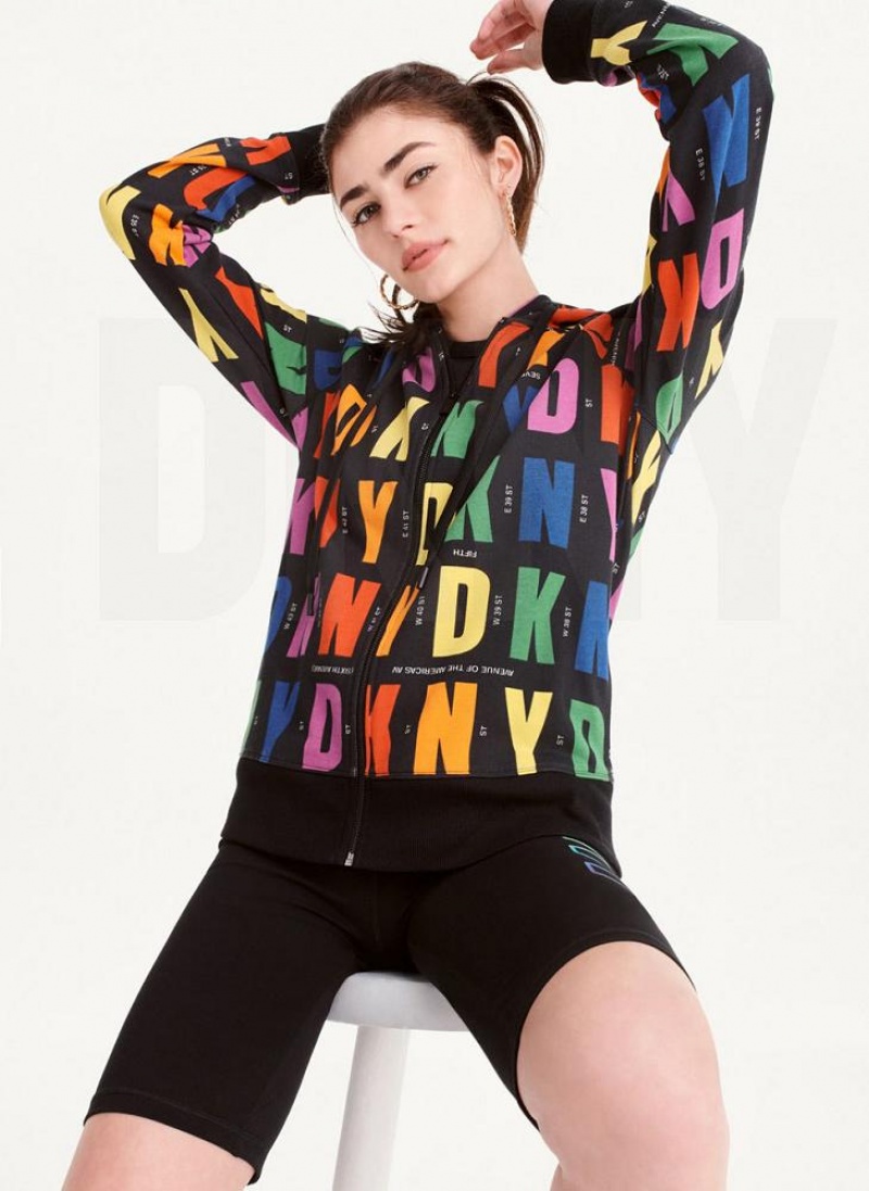 Black Women's DKNY Pride Logo Zip Front Hoodies | Australia-D1335