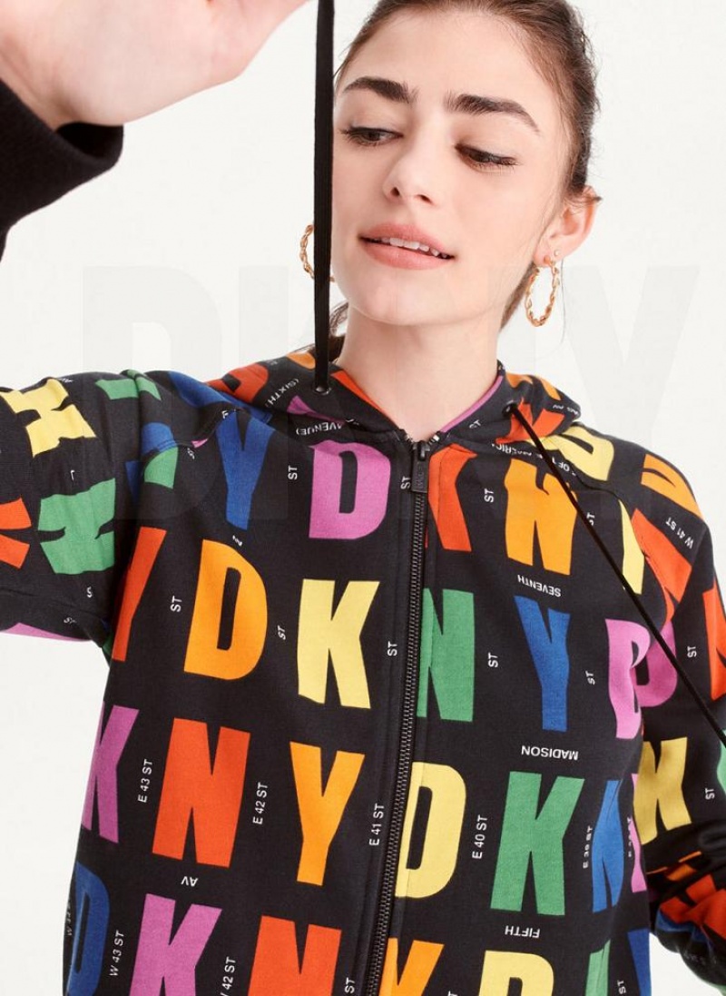 Black Women's DKNY Pride Logo Zip Front Hoodies | Australia-D1335