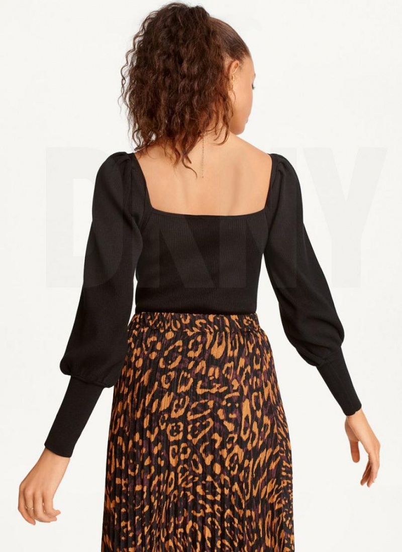 Black Women's DKNY Puff-Sleeve Sweatheart Sweaters | Australia-D1846