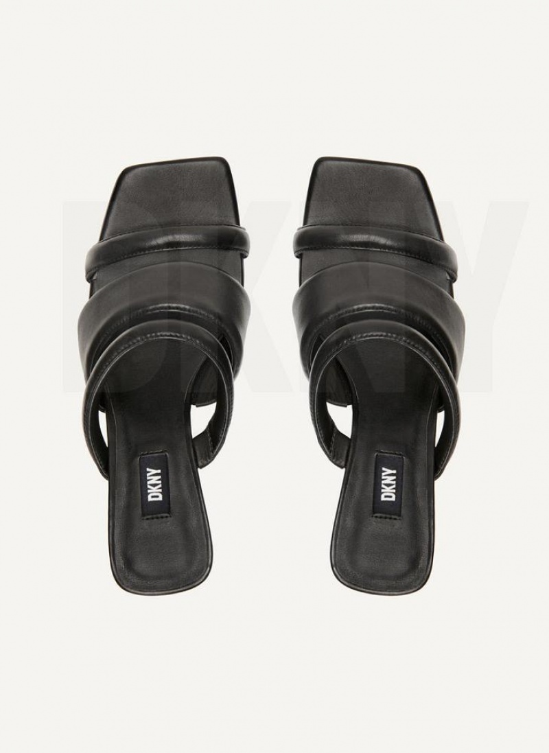 Black Women's DKNY Puffy Multi Strap Mule Heels | Australia-D0919