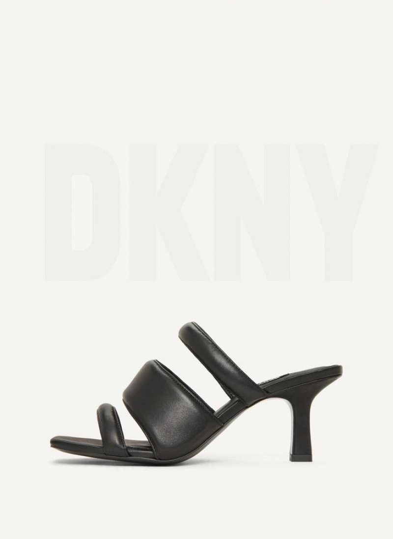 Black Women\'s DKNY Puffy Multi Strap Mule Heels | Australia-D0919