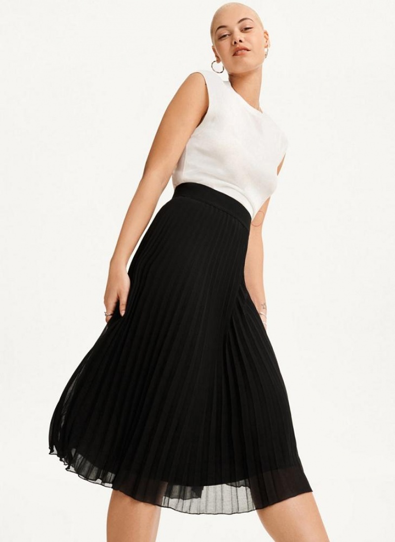 Black Women's DKNY Pull On Pleated Midi Skirts | Australia-D1565