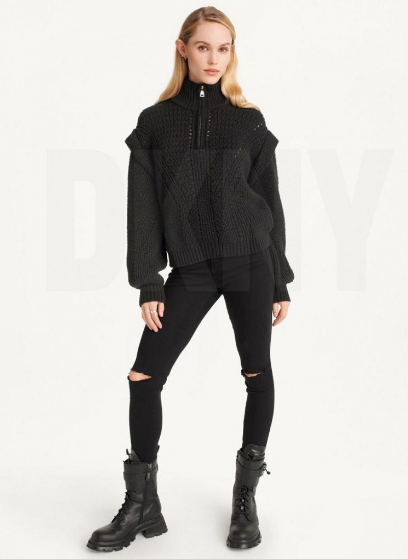 Black Women's DKNY Quarter Zip Cable Knit Sweaters | Australia-D0985