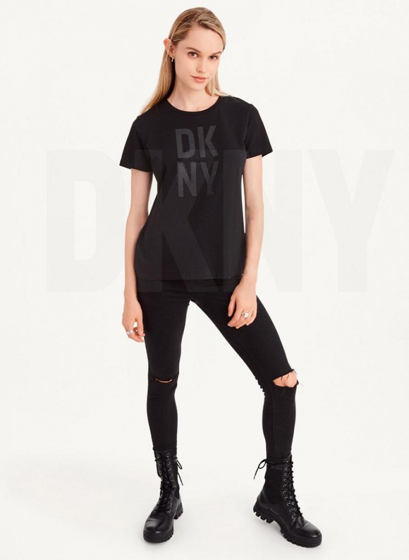 Black Women's DKNY Rhinestone Glitter Logo T Shirts | Australia-D1665