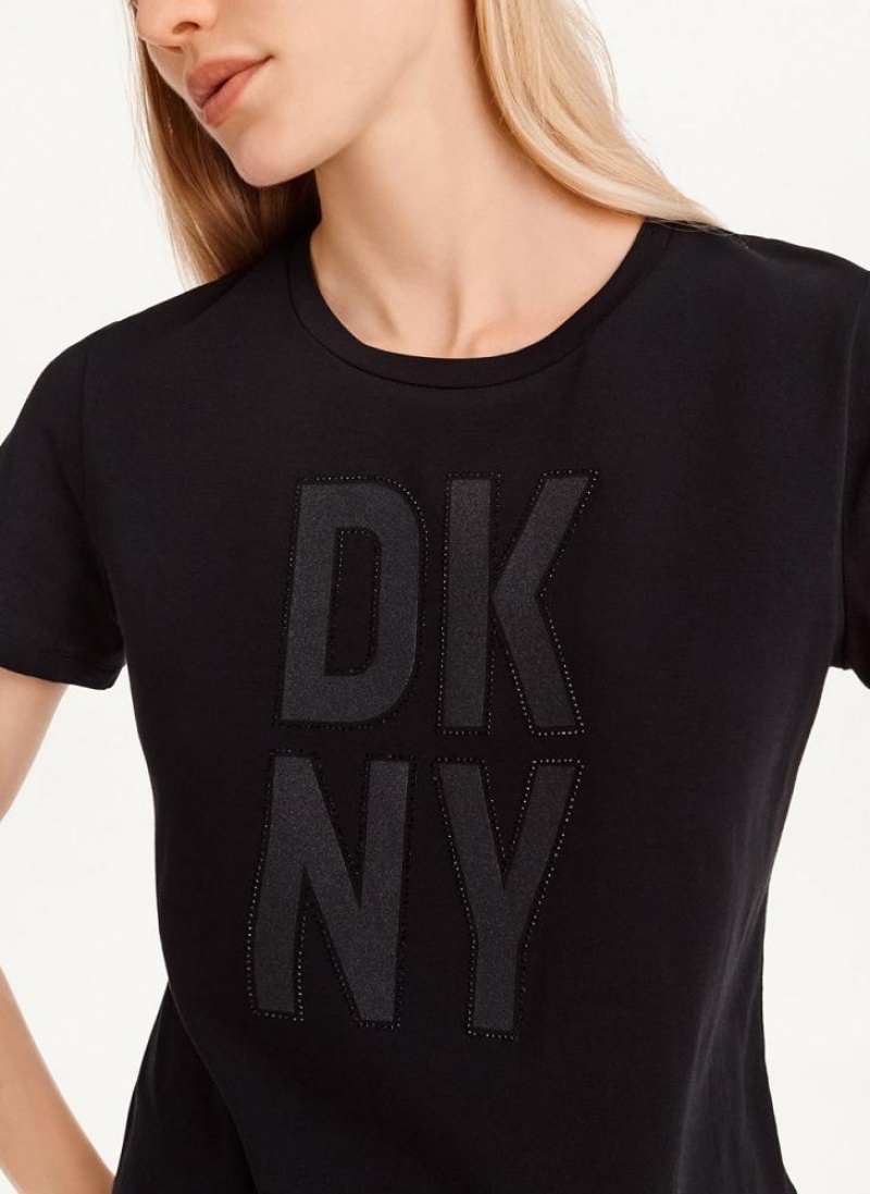 Black Women's DKNY Rhinestone Glitter Logo T Shirts | Australia-D1665