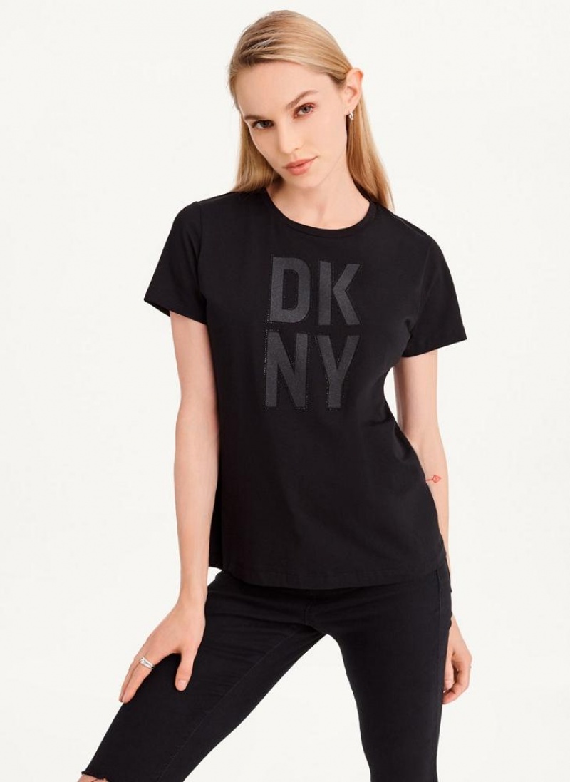 Black Women\'s DKNY Rhinestone Glitter Logo T Shirts | Australia-D1665